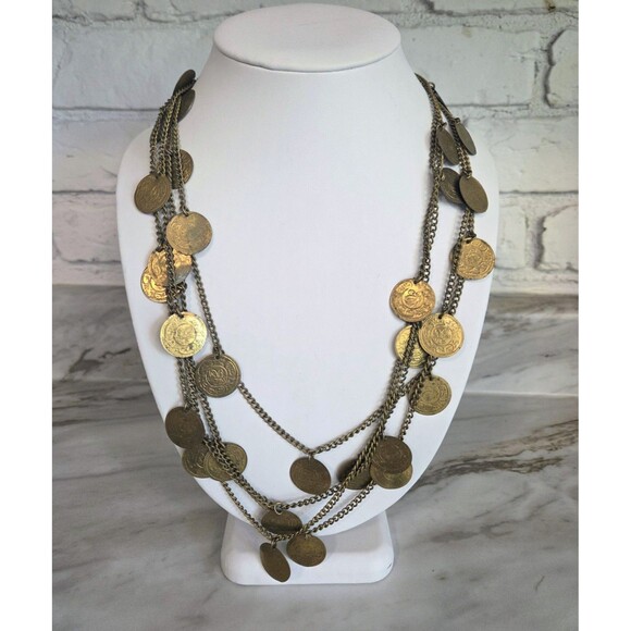 Vintage Statement Necklace Coins Medallions Multi-strand Chain Metal Layered - Picture 1 of 10